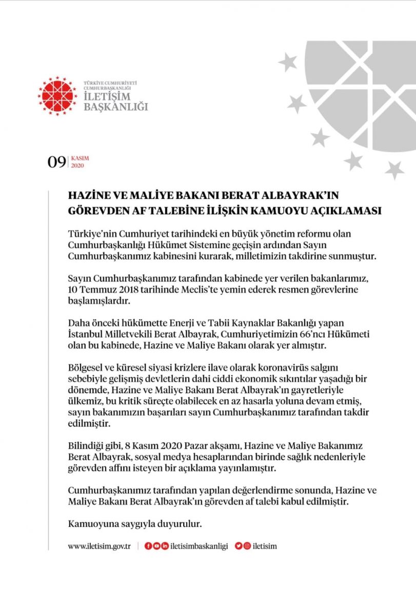 Bakan Albayrak'ın görevinden af talebi Cumhurbaşkanı tarafından kabul edildi